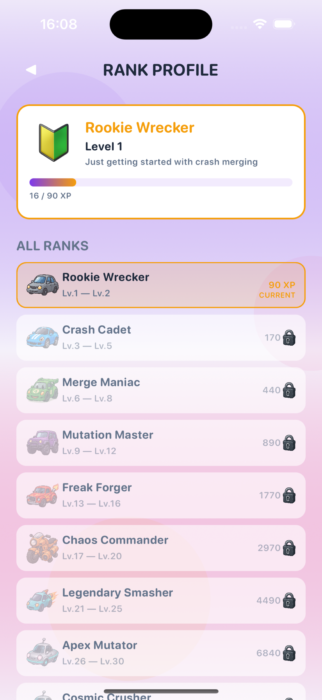Merge Car Master: profile, titles, or meta progression screen